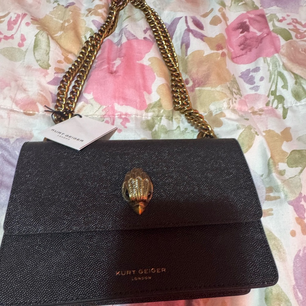 Kurt Geiger Black and Gold Crossbody Bag with Quilted Texture